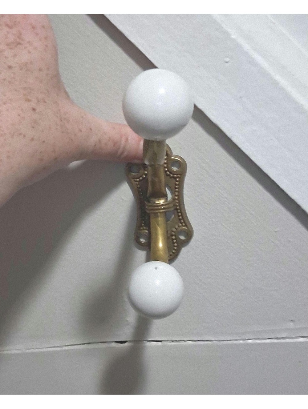 Vintage Brass Wall Coat Hook With White Porcelain Ball Tips